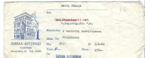 Asema-Apteekki  Tampere - resepti signatuuri  reseptipussi 1962