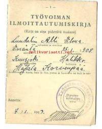 Työvoiman ilmoittautumiskirja  7.1.1943  / Työvoimalautakunta Halikko