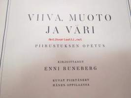 Viiva, muoto ja väri -piirustuksen ja kuvaamataidon opettamisen oppikirja havainnollisine kuvineen ja tuntisuunnitelmineen, aineistossa myös huomattavissa