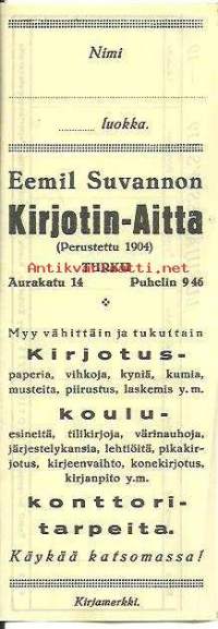 Eemil Suvannon Kirjoitin-Aitta Turku - lukujärjestys kirjanmerkki