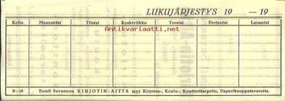 Eemil Suvannon Kirjoitin-Aitta Turku - lukujärjestys kirjanmerkki