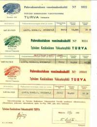 Työväen Keskinäinen Vakuutusyhtiö Turva  - vakuutuskuitteja 1937-1939,  3 kpl