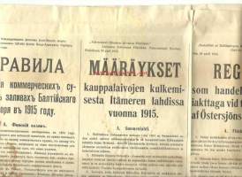 Määräykset kauppalaivojen kulkemisesta Itämeren lahdissa 1915  venäjäki, suomeksi ja ruotsiksi  26.4.1915
