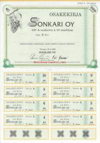 Sonkari  Oy   Litt C 10x10 mk   , osakekirja,  Vesanto 31.10.1988 -Vuonna 1993 mehualan yritys Sonkari Oy (myöhemmin Kesäpäivä) fuusioitui Olviin Olvi
