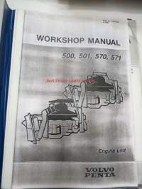 Volvo Penta 500, 501, 570, 571 Engine unit Workshop manual -korjaamokirja englanniksi (kopio), sisältää 4-sivuisen teknisen erittelyn suomeksi