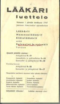 Turun Lääkäriluettelo  1947 - lääkärit, hammaslääkärit, eläinlääkärit sekä sairaalat  ja apteekit