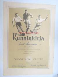 Kunniakirja Simo Leinoselle jalkapalloilussa saavutetusta piirinmestaruudesta B-jun. luokassa vuonna 1957 / Suomen Palloliitto, Turun Piiri