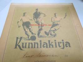Kunniakirja Simo Leinoselle jalkapalloilussa saavutetusta piirinmestaruudesta C-jun. luokassa vuonna 1955 / Suomen Palloliitto, Turun Piiri
