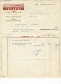 Keramia   Turku lasku  kattotiiliä ja salaojaputkia 1944 - firmalomake