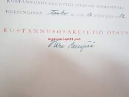 Ole Arthur Kytöhonka - Otavan ansiomitali 16.5.1952 - mitali ja myöntökirja, allekirjoitus Kari Reenpää