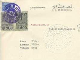 Päätös hyväksyä farmasiaoppilaaksi / Lääkintöhallituksen painettu sinetti ja leimamarkit 1955