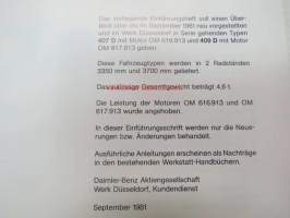 Mercedes-Benz Transporter 407 D und 409 D Einfürungsschrift für den Kundendienst - Ohjevihkonen huoltoa varten, Katso tarkemmat mallit ja sisällysluettelo