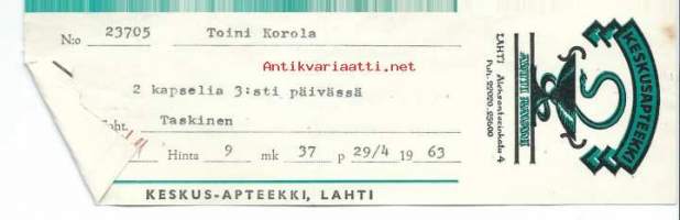 Keskusapteekki Antti Ravani Lahti  - resepti signatuuri 1963