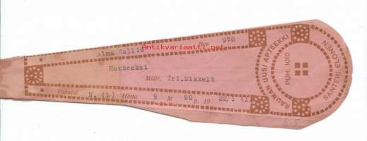 Rauman uusi Apteekki Rauma Santeri Elonen  - resepti signatuuri 1941