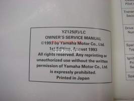 Yamaha YZ125(F)/LC owner´s service manual -käyttäjän huolto-ohjekirja englanniksi