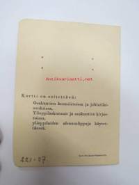 Helsingin Yliopiston Ylioppilaskunta - Varsinais-Suomalainen osakunta -jäsenkortti syyslukukausi 1937 Kalle Mettala