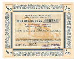 1/10 osa Valtion Raha-arvasta 1936 nr 19286-  arpa