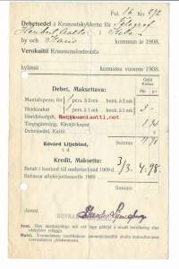 Verokuitti Kruununulosteoista Karjaa / Karis Kihla 1908 - firmalomake