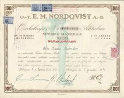 E.M.Nordqvist Oy Helsinki 1930  - osakekirja / Alussa yhtiön päätuote oli jalka- ja käsiproteeseja, tukisidoksia ja kirurgisia välineitä, myöh. tehtiin