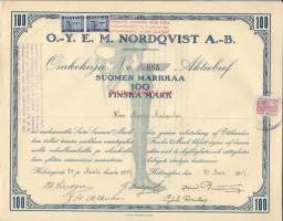 E.M.Nordqvist Oy Helsinki 1919  - osakekirja / Alussa yhtiön päätuote oli jalka- ja käsiproteeseja, tukisidoksia ja kirurgisia välineitä, myöh. tehtiin