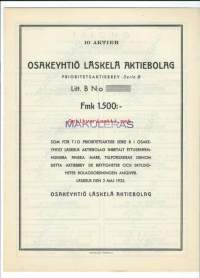 Läskelä Oy Ab, Läskelä 1933,   osakekirja  1500 mk blanco / Osakeyhtiö Läskelä Aktiebolag (nimi vuoteen 1929 Läskelän Tehdas Oy - Läskelä Bruks