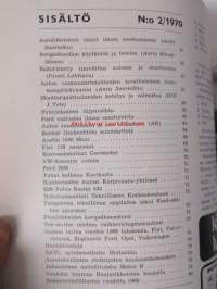 Suomen Autolehti 1970 nr 2, sis. mm. seur. artikkelit / kuvat / mainokset; BM-Volvo Buster 430, Ford 26 M, Austin 1500 Maxi, Berner Osakeyhtiön autonäyttely