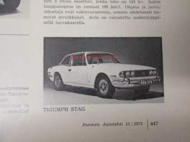 Suomen Autolehti 1970 nr 11, sis. mm. seur. artikkelit / kuvat / mainokset;    Triumph Toledo 1500 ja Triumph Stag, katso sisältö kuvista tarkemmin.