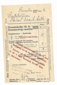 Kruununveroja; Henkirahoja ja vaivaisraha  vuodelta 1920  Helsinki  kuitti - firmalomake