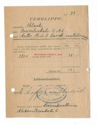 Verolippu, suostuntavero 1921  Helsinki  kuitti - firmalomake  / Suostunta eli suostuntavero  oli aiemmin käytetty määräaikainen vero, jota