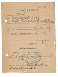 Verolippu, suostuntavero 1920  Helsinki  kuitti - firmalomake  / Suostunta eli suostuntavero  oli aiemmin käytetty määräaikainen vero, jota