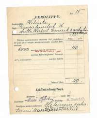 Verolippu, ylimääräinen varallisuusvero 1920  Helsinki  kuitti - firmalomake