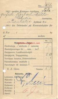 Kruununveroja; Henkirahoja, kaupparaha, käräjäjyviä ja palstamaksu  vuodelta 1911   Vihti / kuitti - firmalomake