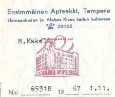 Ensimmäinen Apteekki Tampere  - resepti signatuuri  reseptipussi 1967