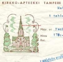 Kirkko-Apteekki Tampere  - resepti signatuuri  reseptipussi 1961