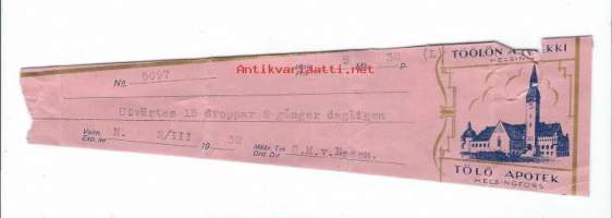 Töölön Apteekki Helsinki    - resepti signatuuri 1932