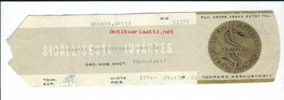 Keskustorin  Apteekki  E W Hagberg Tampere - resepti signatuuri  1962