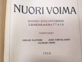 Nuori voima 1910 -sidottu vuosikerta, sisältää varsinaiset lehdet + Kirjallinen liite + Nuorison oma liite -sivustot