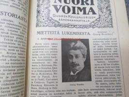 Nuori voima 1910 -sidottu vuosikerta, sisältää varsinaiset lehdet + Kirjallinen liite + Nuorison oma liite -sivustot