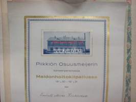 Piikkiön Osuusmeijeri Maidonhoitokilpailu 1931-1932, emäntä Miina Kirkkoketo -kunniakirja / juliste