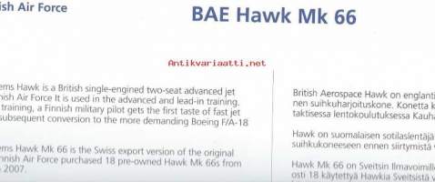 BAE Hawk Mk 66 -  lentokone esite, takana tekniset tiedot  21x30 cm pahvia