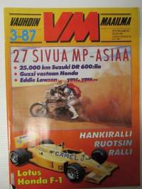 Vauhdin maailma 1987 nr 3, sis. mm. seur. artikkelit / kuvat / mainokset; mm. MM-ralli Ruotsi, Formula kausi lähenee testit täydessä vauhdissa, VM maistelee