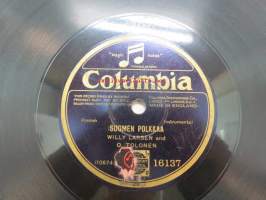 Columbia 16137 Willy Larsen and O. Tolonen - Suomen polkkaa / Rakkauuden (rakkauden) kaiho -savikiekkoäänilevy, 78 rpm