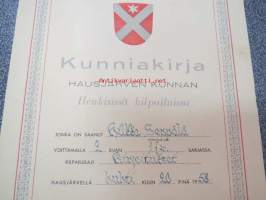 Kunniakirja Hausjärven kunnan Henkisissä kilpiluissa H.S. voittamalla 2. sijan 17 v. sarjassa. Kilpailulaji; Kirjoitukset., 20.4.1958