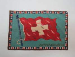 Sikarilippu Switzerland (Cigarr flag) -sikarilaatikossa kylkiäisenä tullut keräilyliina, ollut laatikon pohjalla sikarien alla, arviolta 1920-30 lukujen vaihteesta