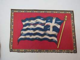 Sikarilippu Greece (Cigarr flag) -sikarilaatikossa kylkiäisenä tullut keräilyliina, ollut laatikon pohjalla sikarien alla, arviolta 1920-30 lukujen vaihteesta
