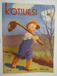 Kotiliesi 1941 nr 10 toukokuu II sis. mm. seur. artikkelit / kuvat / mainokset; Kansi:  Martta Wendelin, Lepokeinu teko-ohje sivulla 2, Takakannessa kansallispukuja.