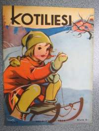 Kotiliesi 1938 nr 3, helmikuu I, sis. mm. seur artikkelit / kuvat / mainokset; Kansikuva Martta Wendelin( Tyttö ja kelkka) Kirjoituslipasto teko-ohje sivulla 2,