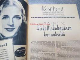 Kotiliesi 1938 nr 6, maaliskuu II, Kansikuvitus Martta Wendelin Äiti ja pikkutyttö -aihe) Mainoksia:  Kudos Oy Silo, Katriina-Kahvi, Tussin -pastilli