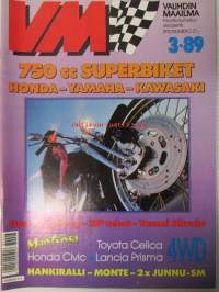 Vauhdin maailma 1989 nr 3 -mm. Paris-Dakar suomalaiskertomaa…, Monte Carlo MM-ralli, Kuukauden profiili Tommi Ahvala, Harley Davidson tehdas, Moto Guzzi Mille T,