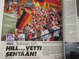Vauhdin maailma 1993 nr 8 -mm. Formula 1 Ranska, Saksa ja Englannin GP:t, Rallicross EM, Rata-SM Veteli jokkisluokan SM-taistelut Drag SM Alastaro, Enduro MM Ruotsi